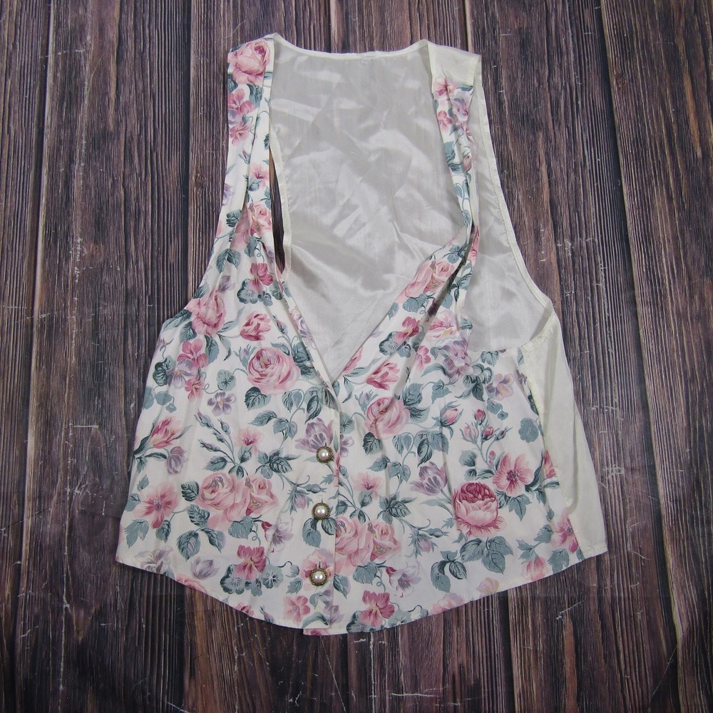 Vest Womens M Multicolor Floral Rose‎ Satin Lined Button Front Pearl Dressy